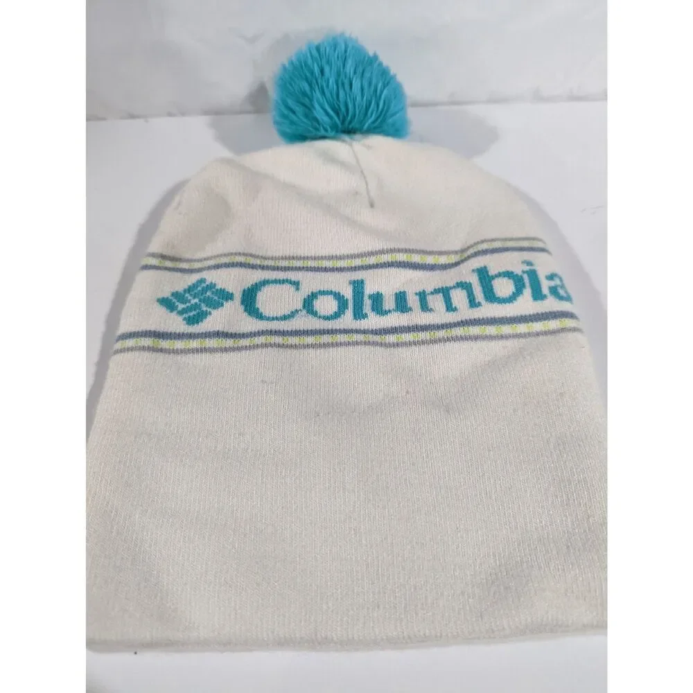 Columbia Beanie Womens White Blue Pom Winter Hat